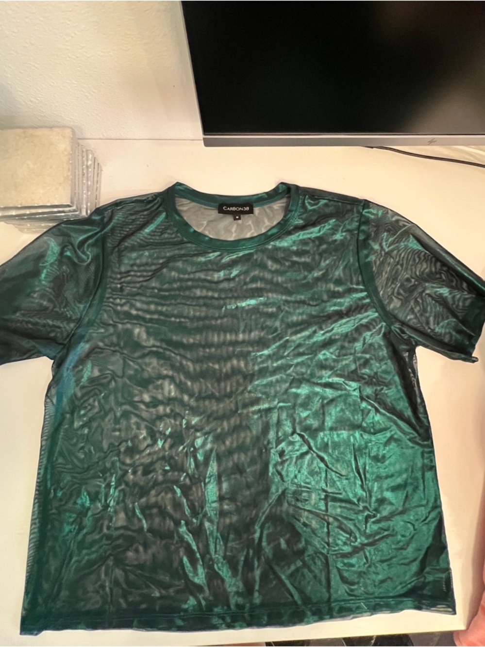 Carbon38 Metallic Sheer Emerald Short-Sleeve Top sz M - Picture 3 of 4